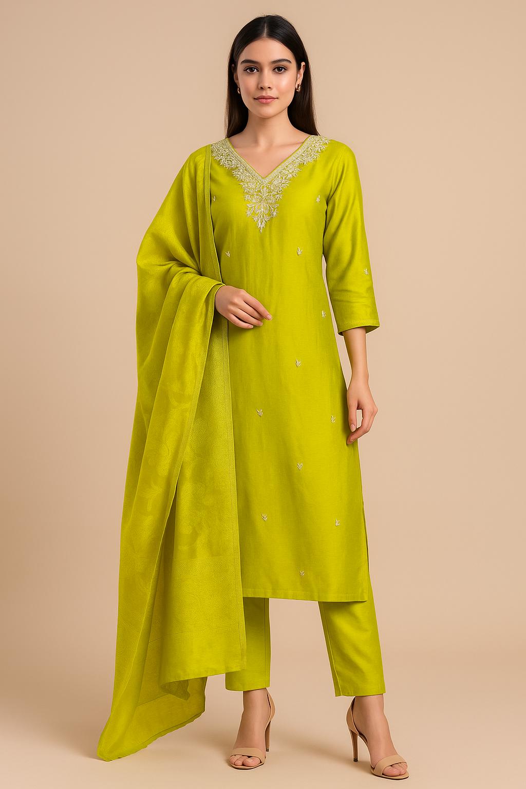 "DEVI" Women Hand Embroidered Silk Kurta Set