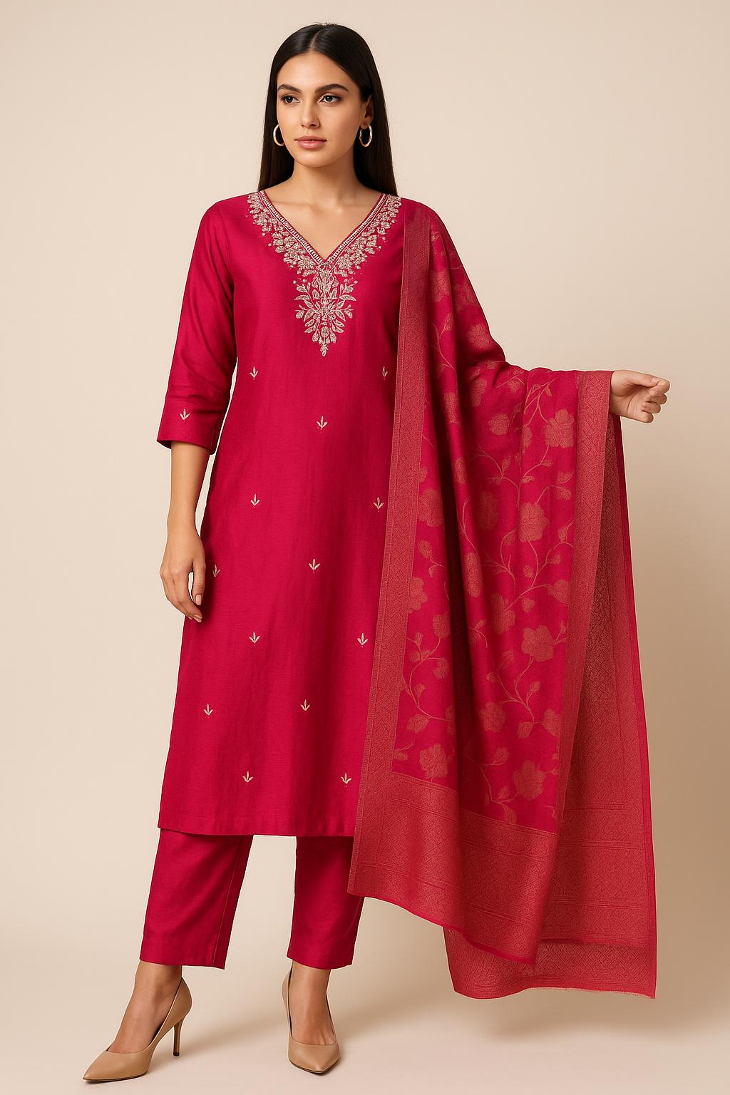 "DEVI" Women Hand Embroidered Silk Kurta Set