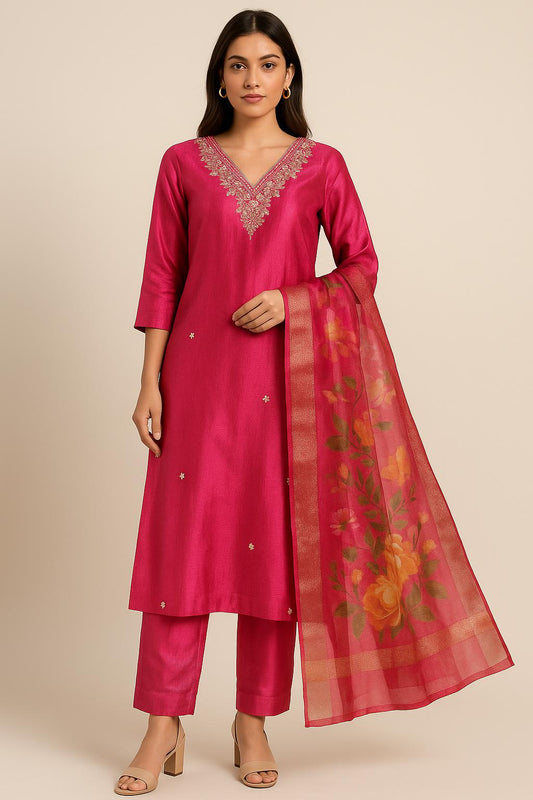 "AMBIKA" Women Hand Embroidered Tissue Kurta Set