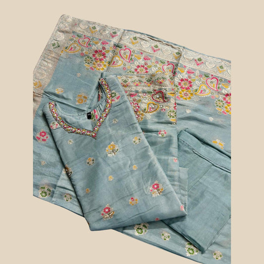 "CHITRA" Women Hand Embroidered Banarasi Silk Kurta Set