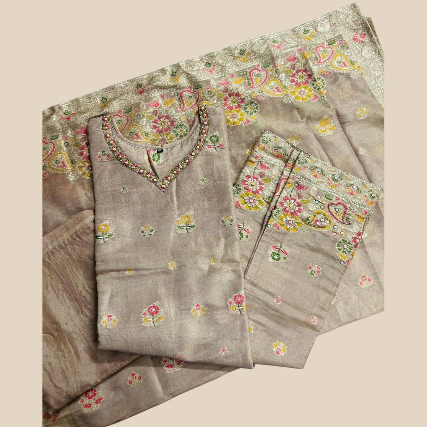 "CHITRA" Women Hand Embroidered Banarasi Silk Kurta Set