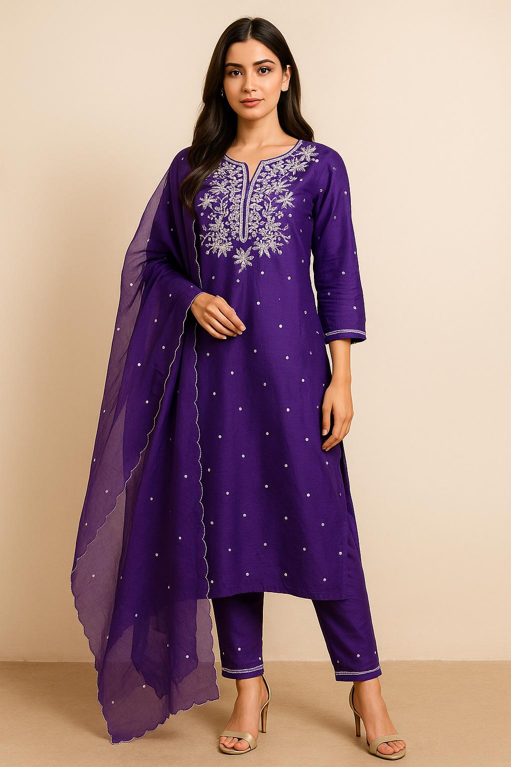 "VIDHYA" Women Hand Embroidered Silk Kurta Set