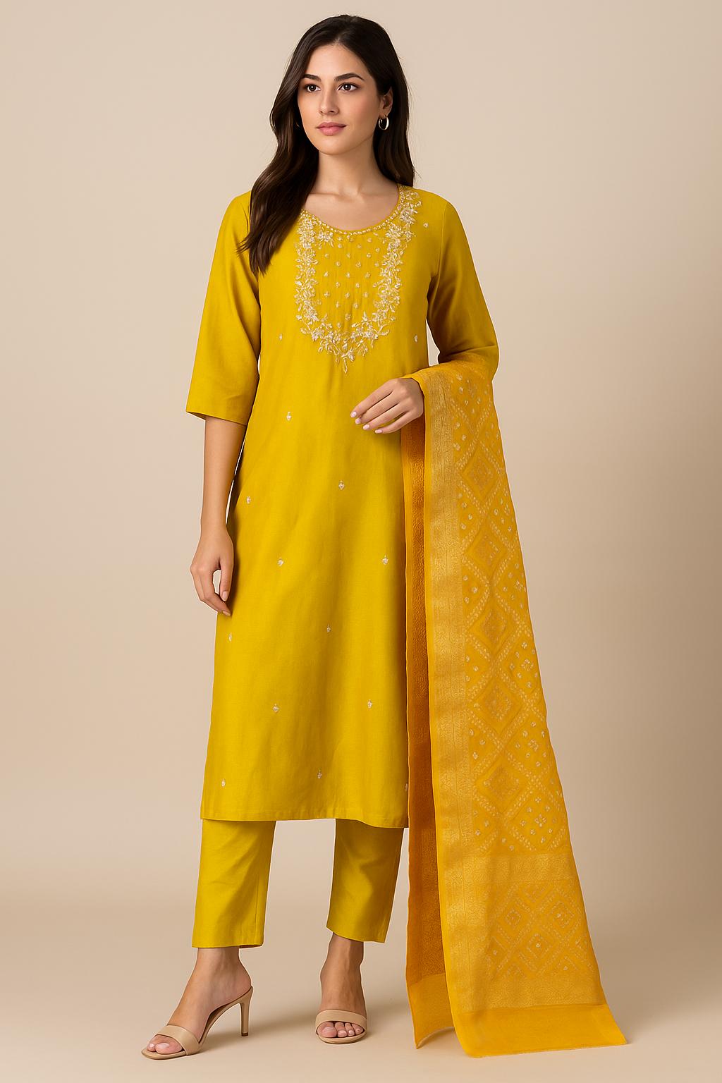 "JAYA" Women Hand Embroidered Silk Kurta Set