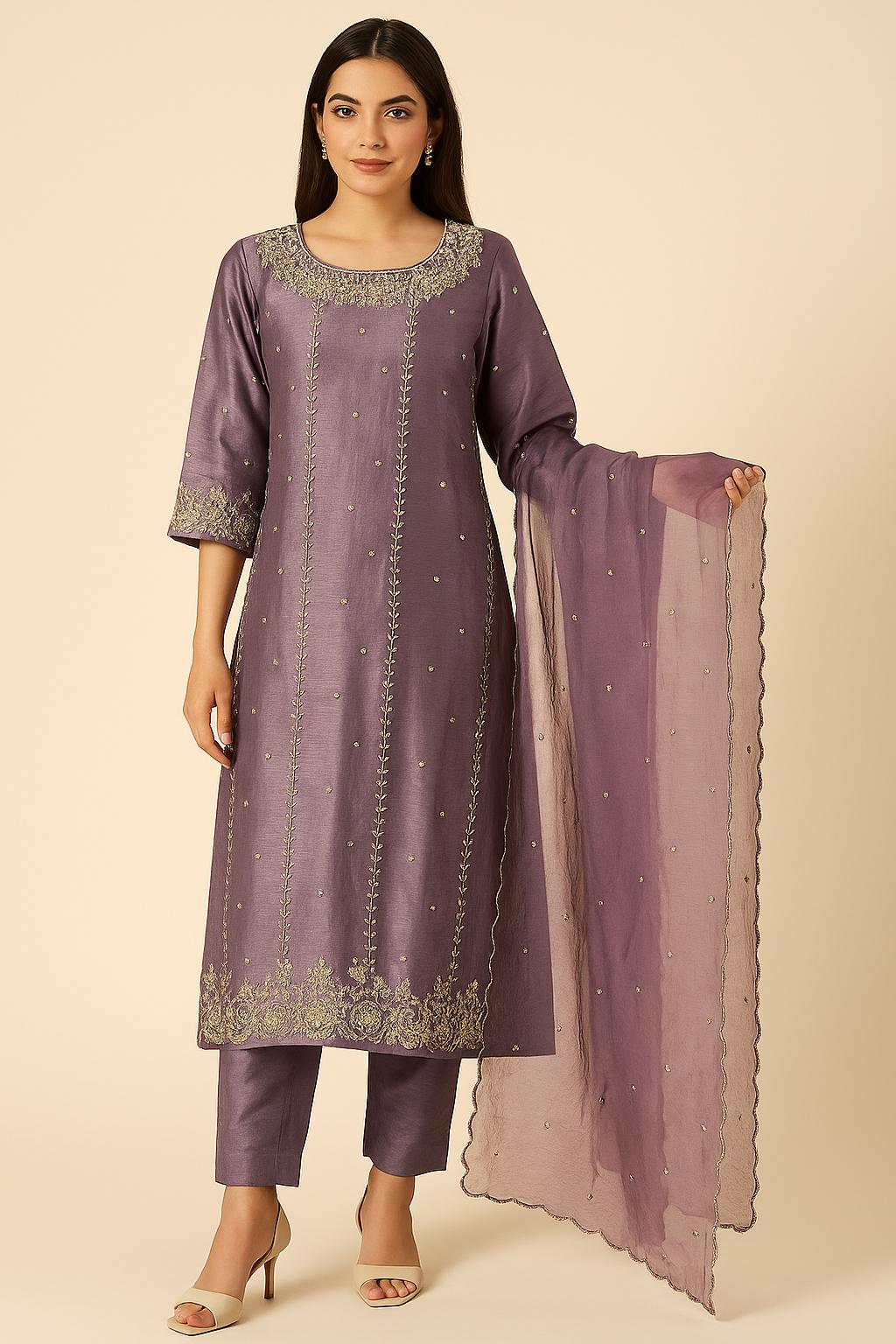 "SHAAMBHAVI" Women Hand Embroidered Silk Kurta Set