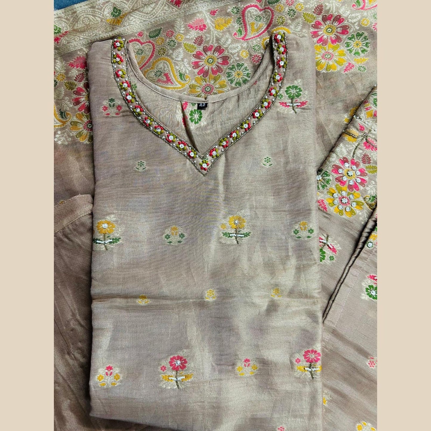 "CHITRA" Women Hand Embroidered Banarasi Silk Kurta Set